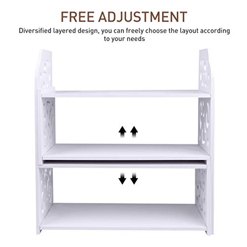 EXCEART White Display Shelf Desktop Bookshelf Organizer Wooden Desk Storage Shelf Rack Adjustable Tabletop Display Corner Countertop Bookcase Shelves for Office Kitchen White Adjustable Shelving