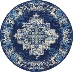 nourison grafix persian navy blue 4' x round area -rug, easy -cleaning, non shedding, bed room, living room, dining room, kitchen (4 round)