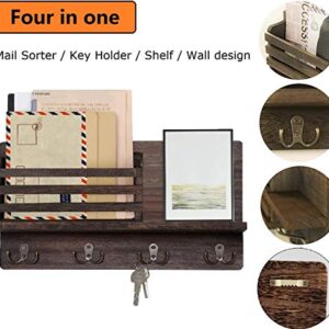 Wooden Wall Mounted Mail and Key Holder, Mail Letter Sorter Organizer Key Holder Hooks Rack Hanging with 4 Double Key Hooks, Cap Rack Floating Shelf Rustic Home Decor for Entryway, Kitchen, Mudroom