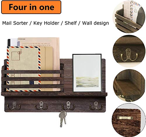 Wooden Wall Mounted Mail and Key Holder, Mail Letter Sorter Organizer Key Holder Hooks Rack Hanging with 4 Double Key Hooks, Cap Rack Floating Shelf Rustic Home Decor for Entryway, Kitchen, Mudroom