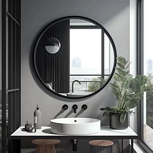 USHOWER Black Round Mirror 30 Inch Bathroom Vanity Circle Mirror - Elegant Wall Mirror with Metal Frame for Living Room, Entryways