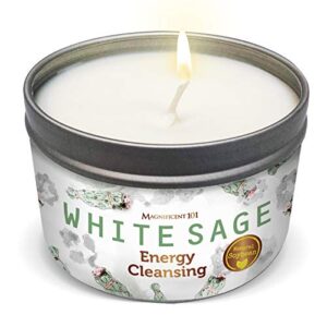 magnificent 101 white sage smudge candle for house energy cleansing, banishes negative energy i purification and chakra healing - natural soy wax tin candle