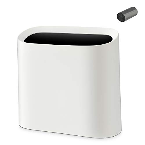 SUBEKYU 2.3 Gal Trash Can for Bathroom, Small Office Garbage Can for Kitchen, Slim Rectangular Waste Bin, Plastic, White