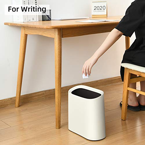 SUBEKYU 2.3 Gal Trash Can for Bathroom, Small Office Garbage Can for Kitchen, Slim Rectangular Waste Bin, Plastic, White