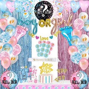 naiwoxi gender reveal party supplies - gender reveal decorations, boy or girl foil balloons, tablecloth, photo props, toppers, sash, banner, foil curtains, team stickers, ideas for baby shower 117 pcs