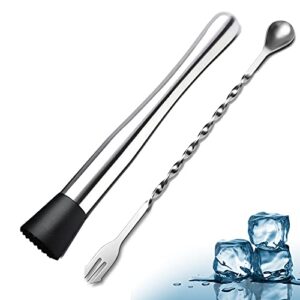 10 inch stainless steel cocktail muddler and mixing spoon, 2 pieces home bar tool bartender set for cocktails mojitos ice fruit drinks