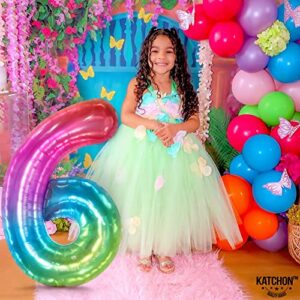 KatchOn, Giant Rainbow Number 6 Balloon - 40 Inch, Rainbow 6 Balloon Number | 6 Balloons for Birthday Girl | Six Balloon Number for 6th Birthday Decorations for Girls | 6th Birthday Balloons for Girls