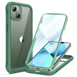 miracase compatible with iphone 13 case 6.1 inch, 2023 new full-body glass clear case bumper case with built-in 9h tempered glass screen protector for iphone 13, acacia green