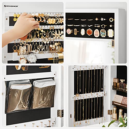 SONGMICS Jewelry Cabinet Armoire, Wall/Door Mount Storage Organizer with Full-Length Frameless Mirror, Lockable Cabinet with Built-in Small Mirror, Shelves, Gift Idea, White UJJC003W01