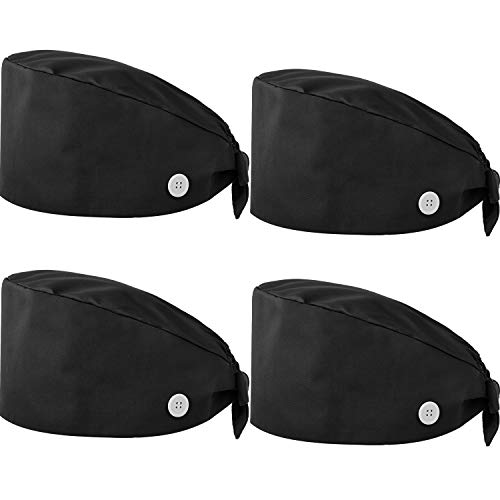 SATINIOR 4 Pieces Adjustable Bouffant Hats Button Sweatband Cap Tie Back Hats for Women Men (Black)