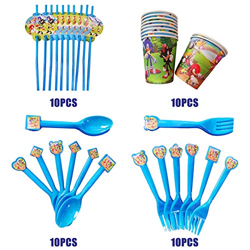 JLSMAO Sonic The Hedgehog Party Supplies, Sonic The Hedgehog Flatware, Plates, Paper Cups, Straws, Napkins, Spoons, Fork, Tablecloth Party Decorations Kids Shower Birthday Party Favors Set. (Blue)