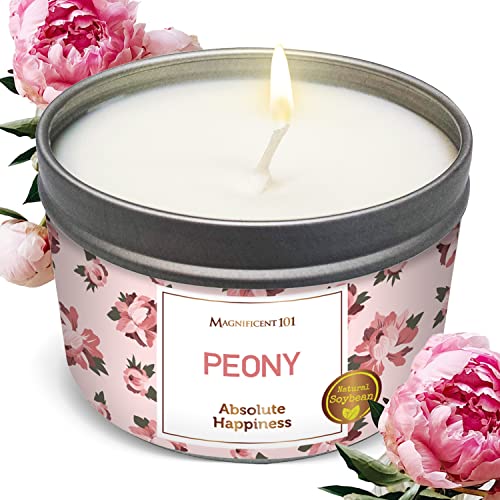 MAGNIFICENT101 Flower Intention Smudge Candle for House Energy Cleansing, Banishes Negative Energy I Purification and Chakra Healing - Natural Soy Wax Tin Candle 6oz (Peony)