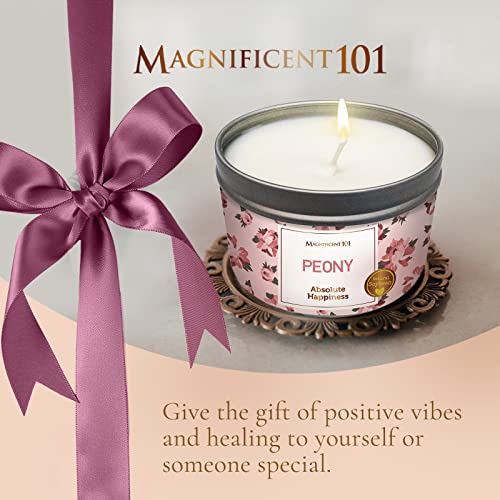 MAGNIFICENT101 Flower Intention Smudge Candle for House Energy Cleansing, Banishes Negative Energy I Purification and Chakra Healing - Natural Soy Wax Tin Candle 6oz (Peony)