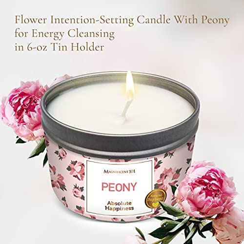 MAGNIFICENT101 Flower Intention Smudge Candle for House Energy Cleansing, Banishes Negative Energy I Purification and Chakra Healing - Natural Soy Wax Tin Candle 6oz (Peony)