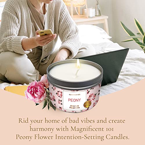 MAGNIFICENT101 Flower Intention Smudge Candle for House Energy Cleansing, Banishes Negative Energy I Purification and Chakra Healing - Natural Soy Wax Tin Candle 6oz (Peony)