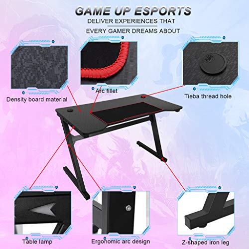 NDGDGA Ergonomic Gaming Desk with Large Carbon Fiber Surface, Z Shaped Computer Desk with LED Lights Controller Stand, Racing Style Professional Game Workstation (Black, 47.2x23.6x29.5 inches)