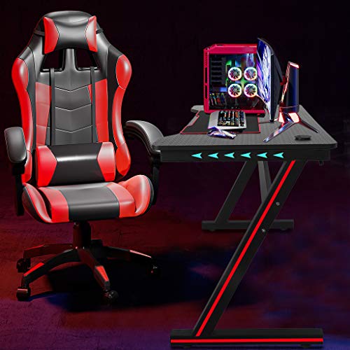 NDGDGA Ergonomic Gaming Desk with Large Carbon Fiber Surface, Z Shaped Computer Desk with LED Lights Controller Stand, Racing Style Professional Game Workstation (Black, 47.2x23.6x29.5 inches)