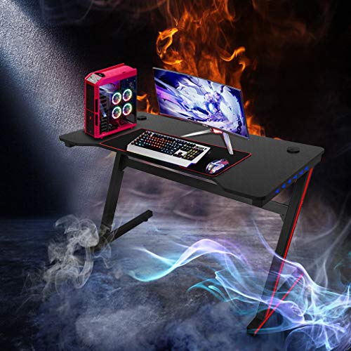 NDGDGA Ergonomic Gaming Desk with Large Carbon Fiber Surface, Z Shaped Computer Desk with LED Lights Controller Stand, Racing Style Professional Game Workstation (Black, 47.2x23.6x29.5 inches)