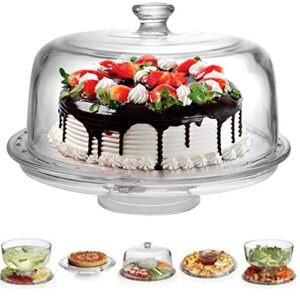 extra large (12") 6 in 1 acrylic cake stand with dome lid multifunctional serving platter and cake plate, salad bowl/veggie platter/punch bowl/desert platter/chips & dip - bpa free