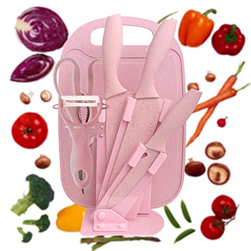 DT001 7 Pieces of Kitchen Knives Set - Non-stick Stainless Steel Kitchen Knives Set with 1 Scissor & 1 Peeler Stand and Chopping Board with Gift Box(Pink)