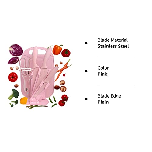 DT001 7 Pieces of Kitchen Knives Set - Non-stick Stainless Steel Kitchen Knives Set with 1 Scissor & 1 Peeler Stand and Chopping Board with Gift Box(Pink)