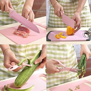 DT001 7 Pieces of Kitchen Knives Set - Non-stick Stainless Steel Kitchen Knives Set with 1 Scissor & 1 Peeler Stand and Chopping Board with Gift Box(Pink)