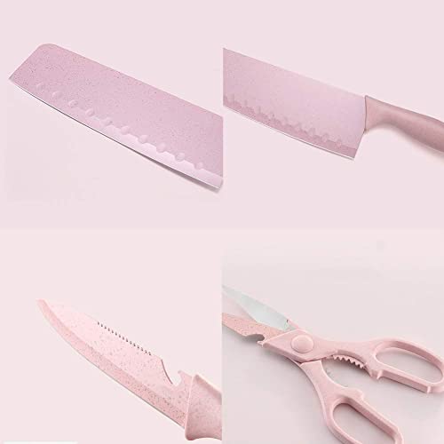 DT001 7 Pieces of Kitchen Knives Set - Non-stick Stainless Steel Kitchen Knives Set with 1 Scissor & 1 Peeler Stand and Chopping Board with Gift Box(Pink)
