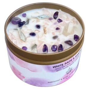 white sage smudge candle with rose quartz and amethyst gemstone crystals 100% natural soy essential oils (lavender)