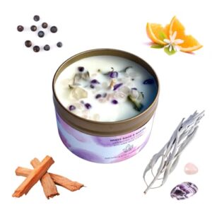 White Sage Smudge Candle with Rose Quartz and Amethyst Gemstone Crystals 100% Natural Soy Essential Oils (Lavender)