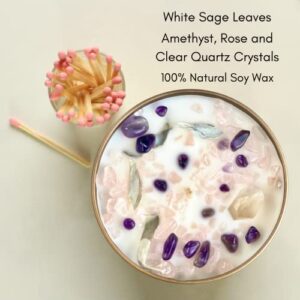 White Sage Smudge Candle with Rose Quartz and Amethyst Gemstone Crystals 100% Natural Soy Essential Oils (Lavender)