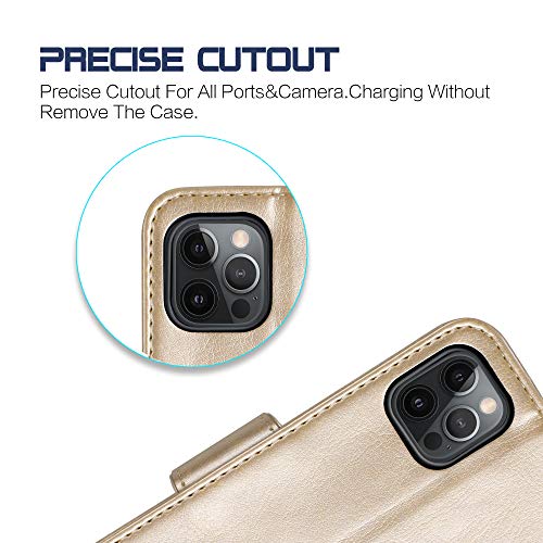 Arae for iPhone 12 Pro max Case with Credit Card Holder and Wrist Strap (Champagne Gold)
