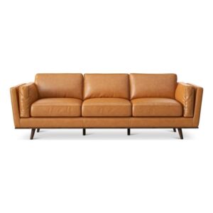 pemberly row mid century modern 89" genuine cognac tan pure italian leather sofa couches for living room