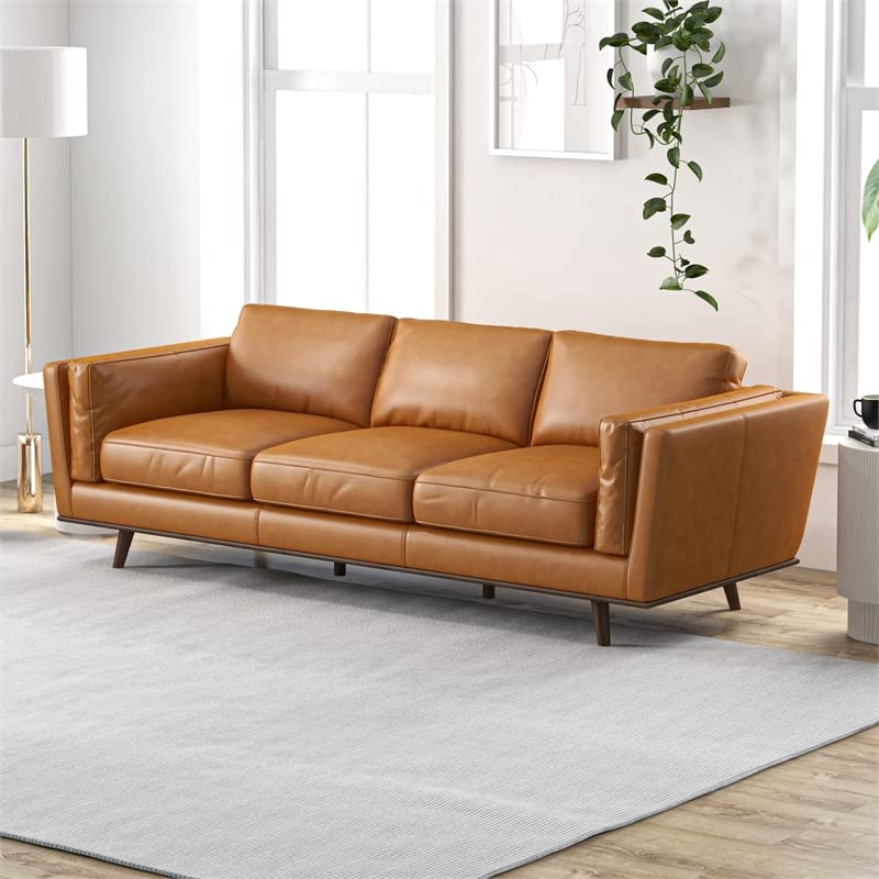 Pemberly Row Mid Century Modern 89" Genuine Cognac Tan Pure Italian Leather Sofa Couches for Living Room