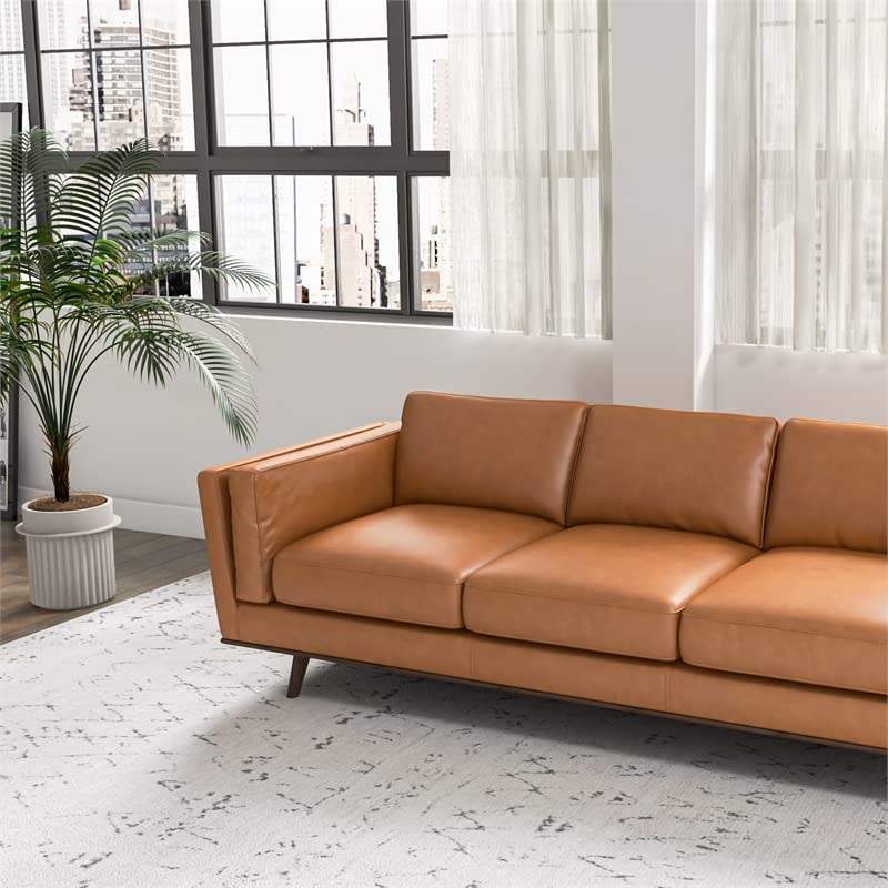 Pemberly Row Mid Century Modern 89" Genuine Cognac Tan Pure Italian Leather Sofa Couches for Living Room