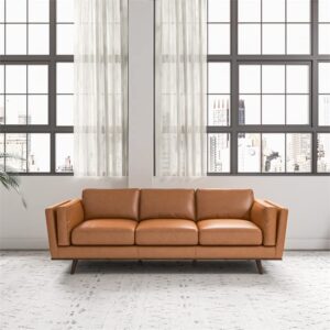 Pemberly Row Mid Century Modern 89" Genuine Cognac Tan Pure Italian Leather Sofa Couches for Living Room