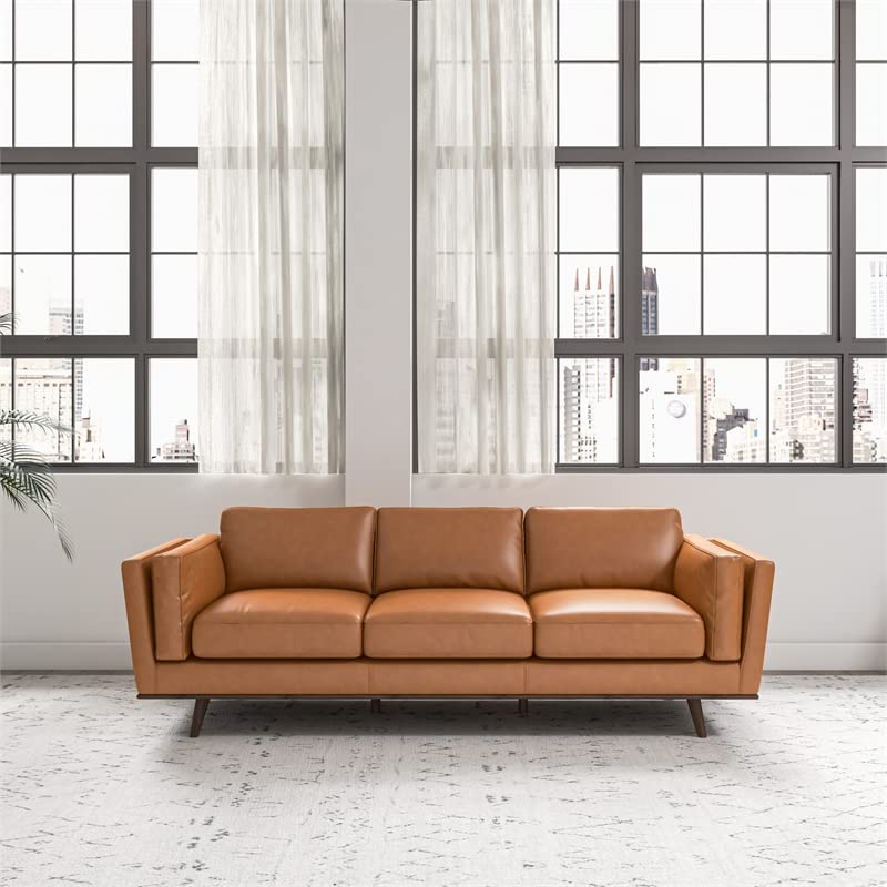 Pemberly Row Mid Century Modern 89" Genuine Cognac Tan Pure Italian Leather Sofa Couches for Living Room