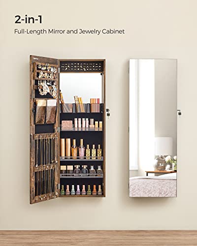 SONGMICS Jewelry Cabinet Armoire, Wall/Door Mount Storage Organizer with Full-Length Mirror, Lockable Cabinet with Built-in Small Mirror, Shelves, Gift Idea, Rustic Brown UJJC003X01