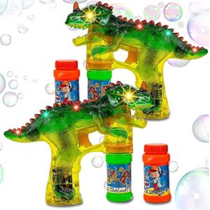 toysery dinosaur bubble gun for kids. colorful dinosaur bubble blower toy with led lights and music chimes. complimentary batteries included (2 pack)