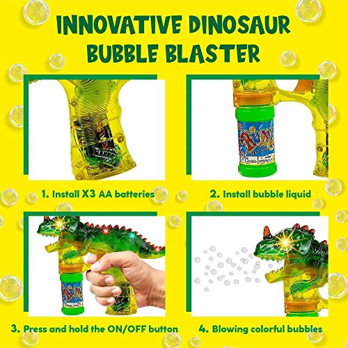 Toysery Dinosaur Bubble Gun for Kids. Colorful Dinosaur Bubble Blower Toy with LED Lights and Music Chimes. Complimentary Batteries Included (2 Pack)