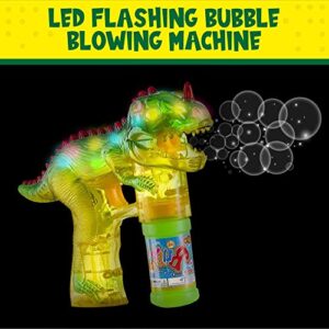 Toysery Dinosaur Bubble Gun for Kids. Colorful Dinosaur Bubble Blower Toy with LED Lights and Music Chimes. Complimentary Batteries Included (2 Pack)