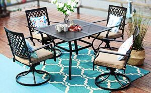 phi villa outdoor patio dining set 5 pieces metal furniture set, 4 x swivel chairs with 1 rectangular umbrella table for ourdoor backyard bistro with cushion
