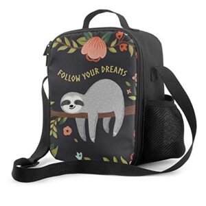 cute baby sloth on tree sloth follow your dreams insulated lunch bag for men &women reusable leak proof cooler thermal tote lunch box with adjustable shoulder strap for school work picnic