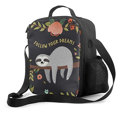 Cute Baby Sloth On Tree Sloth Follow Your Dreams Insulated Lunch Bag for Men &Women Reusable Leak Proof Cooler Thermal Tote Lunch Box with Adjustable Shoulder Strap for School Work Picnic