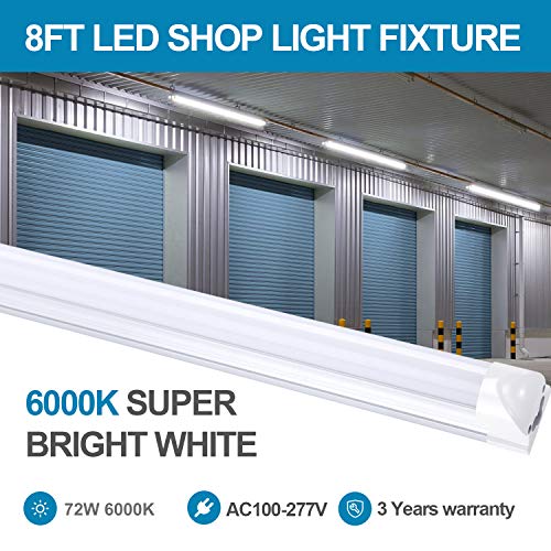 8FT LED Light Fixtures, 72W, 6000K Cool White, Fluorescent Light Replacement, Linkable led Tube Lights 8foot for Cooler,Garage, Warehouse,Basement,Frosted Lens(12-Pack), Ship from USA