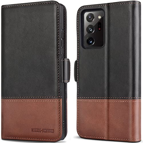 KEZiHOME Note 20 Ultra Case, Genuine Leather [RFID Blocking] Galaxy Note 20 Ultra 5G Wallet Case Credit Card Slot Flip Magnetic Stand Case for Samsung Galaxy Note 20 Ultra 2020 (Black/Brown)