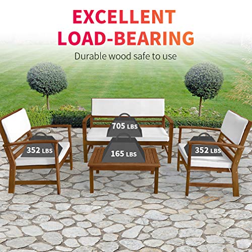 Patio Conversation Set Patio Furniture Patio Sofa Set Outdoor Chat Set 4-Piece Acacia Wood Outdoor Seating Set with Water Resistant Cushions and Coffee Table for Pool Beach Backyard Balcony Garden