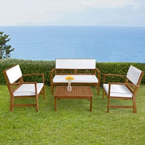 Patio Conversation Set Patio Furniture Patio Sofa Set Outdoor Chat Set 4-Piece Acacia Wood Outdoor Seating Set with Water Resistant Cushions and Coffee Table for Pool Beach Backyard Balcony Garden