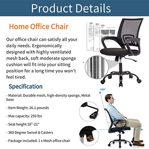 Payhere Executive Task Ergonomic Desk Home Computer Gaming Office Chair Mesh Working Chair with Mid-Back Lumbar Support Armrest Modern Adjustable Swivel Rolling Desk Chair for Women Men, Black