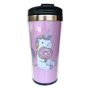 nvjui jufopl unicorn with donut travel coffee mug for men's & women's, with flip lid, stainless steel, water bottle cup 15 oz