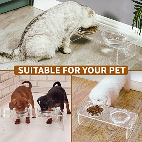 Dog and Cat Bowls Elevated Set - Acrylic Feeder Stand with 2 Set Removable Stainless Steel and Glass Bowls Food and Water Raised Dishes for Small Pet,3.75 inches